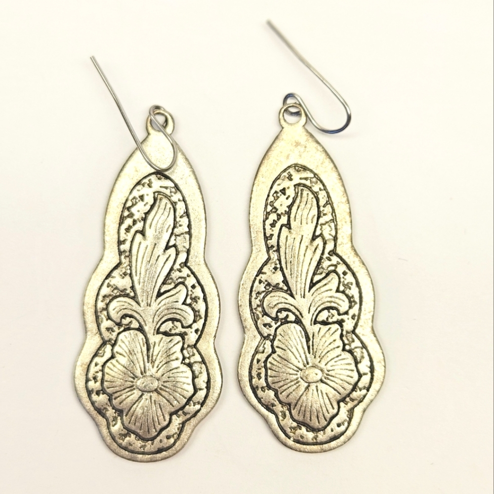 Etched Flower Silvertone Earrings - Picture 2 of 4